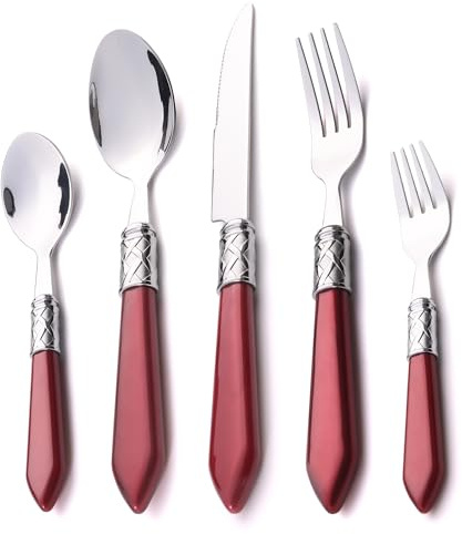 Ourplpme Cutlery Set for 4, Rose Red Plastic Handle Cutlery Set, Retro Stainless Steel Flatware Tableware Set Included Forks, Knives, Spoons, Dishwasher Safe, Suitable for Home/Party/Restaurant