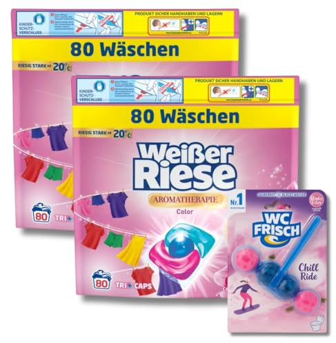 Weißer Riese Color Trio-Caps Aroma-Therapie Orchidee (2x 80 WL), Color Waschmittel mit Good Mood-Duft & WC FRISCH WC Stein Chill Ride (1x 50g), langanhaltendes Dufterlebnis