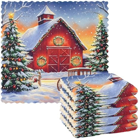 Mnsruu Microfibre Cleaning Cloths Red Barn Christmas Theme Reusable Dish Cloths for Washing Up 6 Pack Swedish Dishcloth Microfibre Cleaning Towels Washable Duster Rags Cloth Home