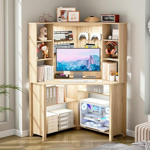 Gurexl Computer Desk with 3 Color lights and 2 AC Port Charging,Modern Writing Workstation with Hutch and, Storage Bookshelf,Corner Desk with Pegboard for Study,Bedroom, Small Space,Work,Nature
