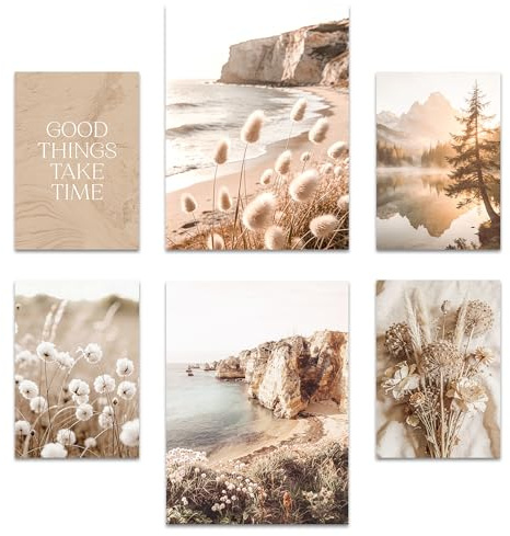 ARTFAVES® Poster Set - Boho Summer - Gallery Wall Bilderwand Wohnzimmer, Schlafzimmer - 6 moderne Wandbilder Abstrakt, Kunst, beige, Sommer, Strand, Trockenblumen - ohne Bilderrahmen