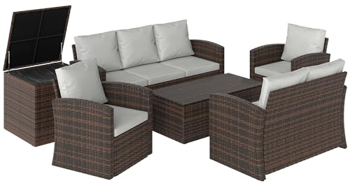 Outsunny Conjunto de Jardín Exterior de Ratán, Conjunto Terraza, Muebles Jardín Exterior 6 Piezas Incluye Cojines, Sofá Doble, Sofá 3 Plazas, 2 Sillones, 2 Mesas Auxiliares con Almacenamiento, Beige