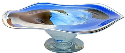 Oberstdorfer Glashütte Schale farbige Glasschale runde Zierschale blau beige Weiss marmoriert mit welligem Rand mundgeblasen Durchmesser ca. 35 cm, Höhe ca. 10 cm