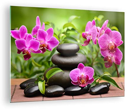 Moderne Impression sur Verre Fleurs pierres bambou décoration Image Tableau en Verre Decoration Murale 70x50cm Deco Cadre Salon Chambre Horizontal Petit Tableaux Decoratifs Muraux Art GAA70x50-2687