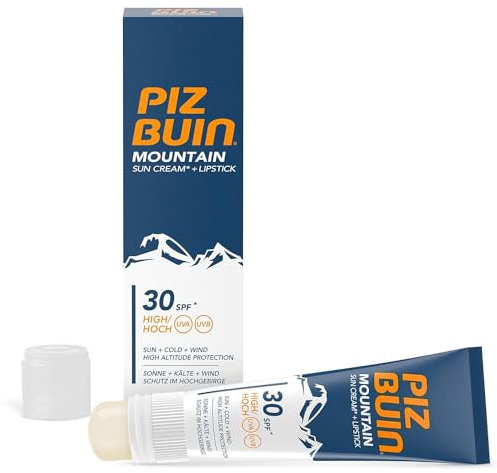 PIZ BUIN Mountain 2-in-1 Sonnencreme LSF 30 20 ml und Lippenpflege LSF 30 2,3 ml, feuchtigkeitsspendender Sonnenschutz speziell fürs Skifahren und Wandern, schützt vor Wind und Kälte