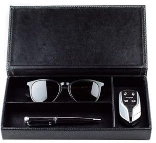 DELMON VARONE - Personalisierbarer Ablagekasten mit Deckel aus Premium Leder Soft Grain schwarz, Schreibtischschale für Kugelschreiber, Füller & Schreibutensilien, Echtleder Stifteetui mit 3 Fächer