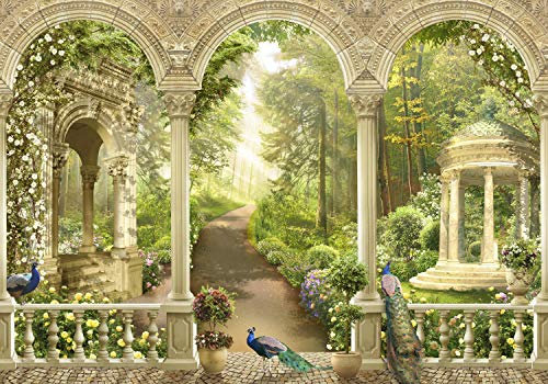 wandmotiv24 Fototapete Park Garten Blumen, XL 350 x 245 cm - 7 Teile, Wanddeko, Wandbild, Wandtapete, Pfau, Säulen, Tiere M1136