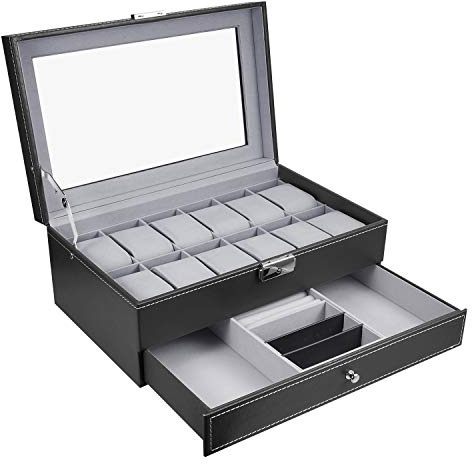 Uhrenbox Scatola porta orologi da uomo, con griglia da 12, doppio strato, con coperchio in vetro, in pelle PU, per conservare e esporre orologi