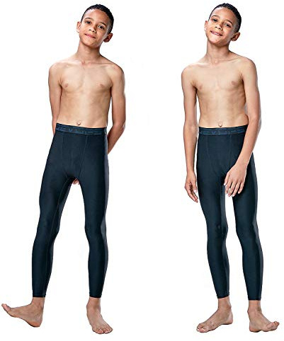 DEVOPS 2 Pack Youth & Boys Thermal Compression Baselayer Sport Tights Fleece Lined Pants (Small, (Non-Fly) Black/Black)