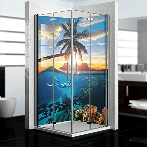 dedeco Eck-Duschrückwand wasserfest mit Ozean V3 Motiv UV-Lack glänzend - 2 x 90x200 cm, als Badrückwand zum Fliesenersatz, Dekorwand, Wandverkleidung und Duschplatte aus Aluminium - Made in Germany
