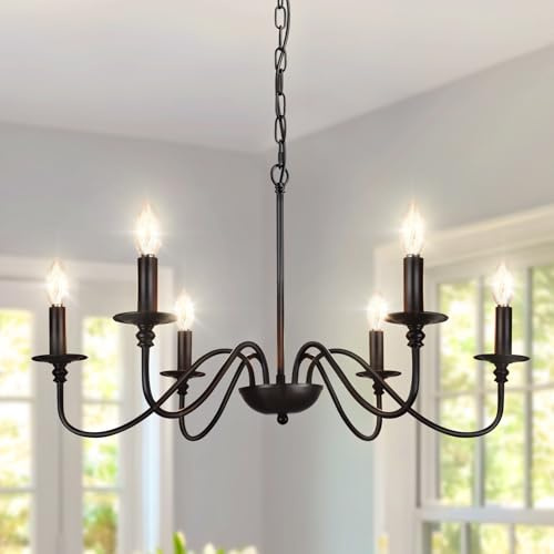 Depuley Farmhouse Chandelier for Dining Room: 6-Light Black Industrial Kitchen Island Pendant Light Fixture - Rustic Candle Chandeliers Vintage Modern Hanging Ceiling Lamp for Bedroom Foyer