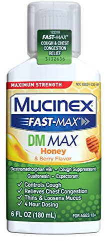 Mucinex Fast-Max Maximum Strength DM MAX, Symptom Relief, Cough Suppressant and Expectorant, Honey & Berry Flavor, 6 FL OZ