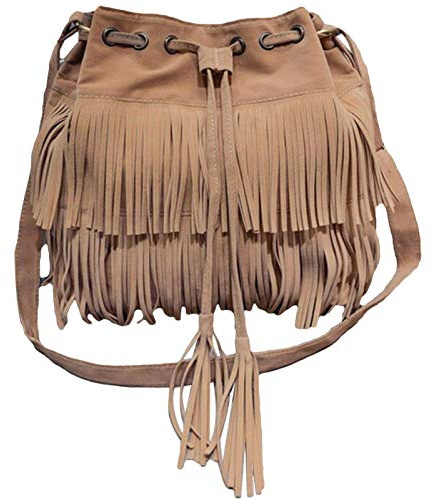 Damentasche mit Fransen, Fransen, Quasten, Kordelzug, Schultertasche, Wildleder, Geschenk für Frauen und Mädchen, Braun - camel - Größe: Einheitsgröße