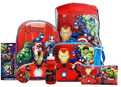 simpahome Iron Man 7PC Back to School Bundle - inc 3D Backpack, Drawstring Sports Bag, 3D Insulated Lunch Bag, Water Bottle, Coin Pouch, Pencil Case & Stationery Set.