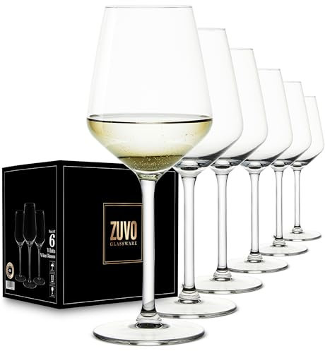Zuvo White Wine Glasses Set of 6 (37cl) – Italian-Style Crystal Glassware with Long Stem – Elegant, Dishwasher Safe, Durable