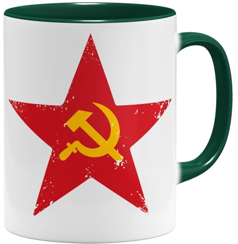 OM3® Soviet-Star Kaffee-Tasse mit Hammer und Sichel Symbol - Roter Stern - Retro Design - Keramik Becher - 325ml - Beidseitig Bedruckt - Grün