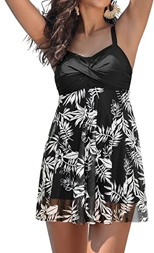 SHEKINI Elegante Costumi da Bagno Donna Un Pezzo con Gonna Imbottito Regolabile Gonna da Spiaggia Controllo Addominale Stampato Twisted Ruched Skirted Swimwear(S, Nero)
