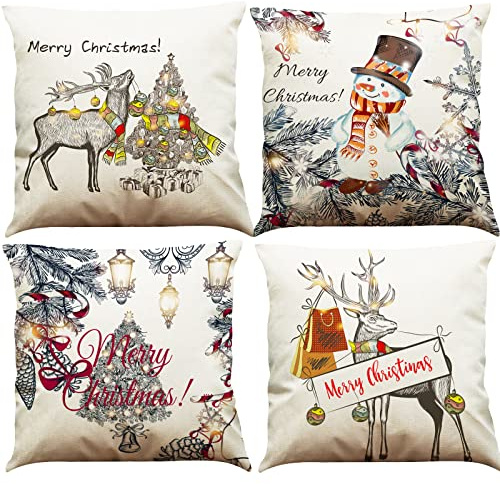 BINXWA 4 Stück Kissenbezug Weihnachten,Weiß Frohe Weihnachtsdeko Baumwolle Leinen Kissenbezug 45x45 Weihnachten