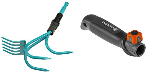 Gardena combisystem Grubber-Rake: Practical 2-in-1 garden tool, turquoise and black, one size, (03165-20) & combisystem Small Appliance Handle, Black/Orange