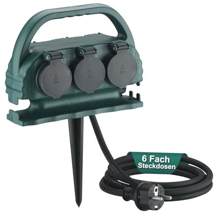 Gartensteckdose 6-Fach IP44 mit Tragegriff und Erdspieß, wasserfeste Außensteckdose mit H07RN-F Gummi Kabel Outdoor 6 x Steckdose Garten Stromverteiler (5m,grün)