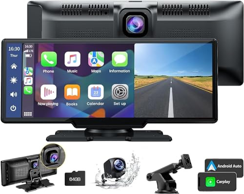 LAMTTO 9.26 Wireless Carplay and Android Auto with 2.5K Dash Cam, 1080P Backup Camera, Portable Touchscreen GPS Navigation for Car, Car Stereo Receiver with Bluetooth,AirPlay,AUX,FM,Googel,Siri