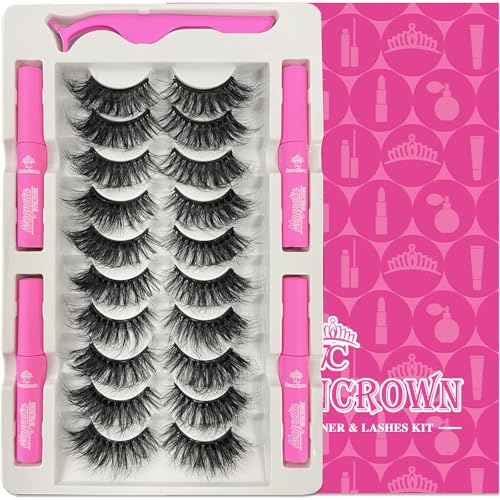 7C SevenCrown Magnetic Eyelashes with Eyeliner Kit, Fluffy Mink Lashes Cat-Eye Look 18-21MM Wispy Long 8D Luxury Volume Fake Eyelash 10 Pairs Cruelty-Free&Vegan