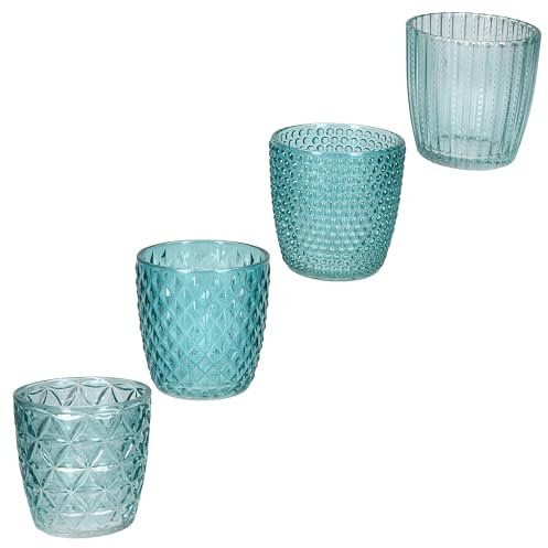 MamboCat 4tlg Set Windlicht Marilu eisblau I Ø7,5cm, Höhe 7,5cm I 4 Dekore I Teelichthalter aus Glas, Tisch-Deko mit Relief I Kerzenhalter für Wohnzimmer, Esstisch & Co I Candle Holder, Weihnachten