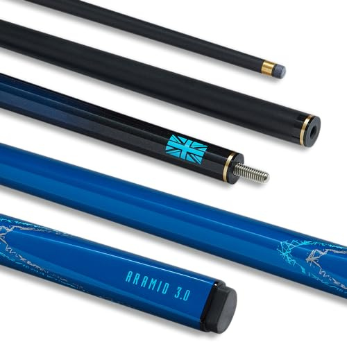 POWERGLIDE Snooker-Queue für Pool oder Billard, Kohlefaser und Fiberglas, ultraglatt, metallisch lackiert, Hochglanzblau/Schwarz, 2-teilig, 50/50-Gelenk, volle Größe 144,8 cm, 10 mm Spitze