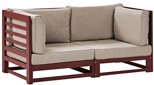 Beliani Gartensofa Akazienholz 2-Sitzer dunkler Holzfarbton mit Auflagen Taupe Trani