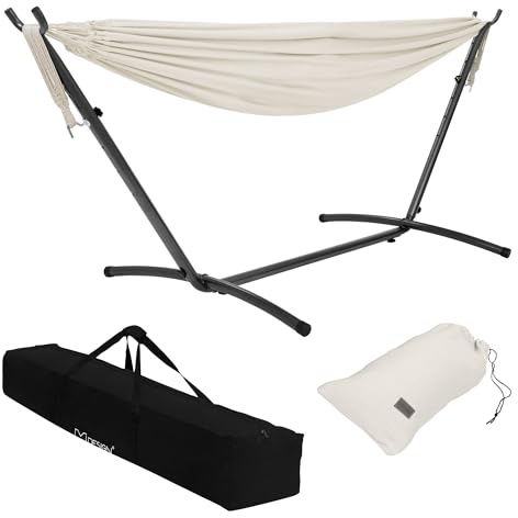 ML-Design Dubbelsits Hängmatta med Metallställning Beige Plats för 2 Vuxna För Inomhus och Utomhusbruk XXL Hänggunga med Bärväska Ram för Hängtyg Tvåsits Hängmatta med Stativ För Trädgård och Altan