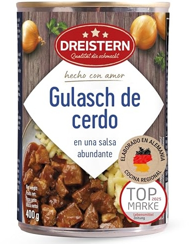 DREISTERN Goulash de cerdo 400 g I Con salsa picante I Guiso sabroso en lata reciclable I Larga duración gracias a la conservación natural I Calidad casera