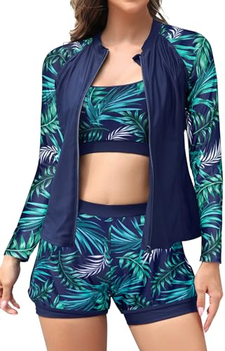 SHEKINI Frauen 3-teilige Reißverschluss Rash Guard Badeanzüge mit Tank Bikini Top für hohe Taille Boyshort(Tiefblauer Druck-A, Medium)