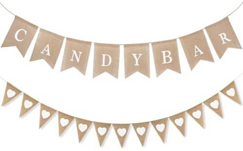 Guirnalda Candy Bar,Banderín de arpillera o yute,Candy Bar decoración accesorios,Adecuado para bodas, fiestas de cumpleaños,decoracion de mesa, decoraciones fotográficas al aire libre