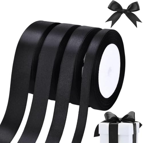 Aililong 4 Rollen x 22m Satinband Schwarz, Geschenkband Schwarz Deko Schleifenband Stoffband für Hochzeit Kunsthandwerk Geschenkverpackung, Satinband 1/1,5/2/2.5cm breit