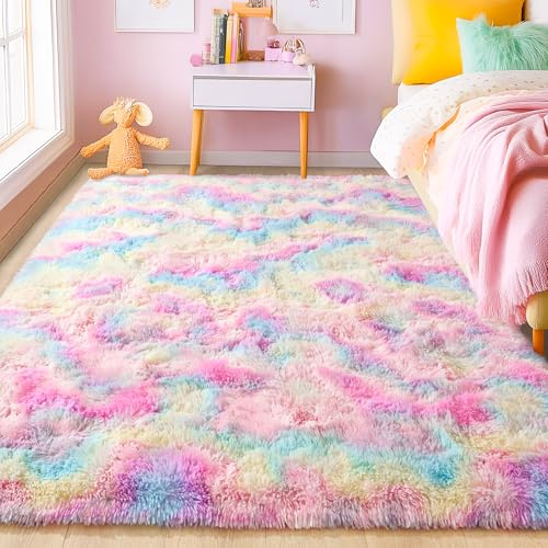 Foxmas Soft Fluffy Area Rug for Bedroom Kids Room Plush Shaggy Nursery Furry Throw Carpets for Boys Girls, College Dorm Fuzzy Rug, Living Room Home Decor 2ft x 3ft, Rainbow