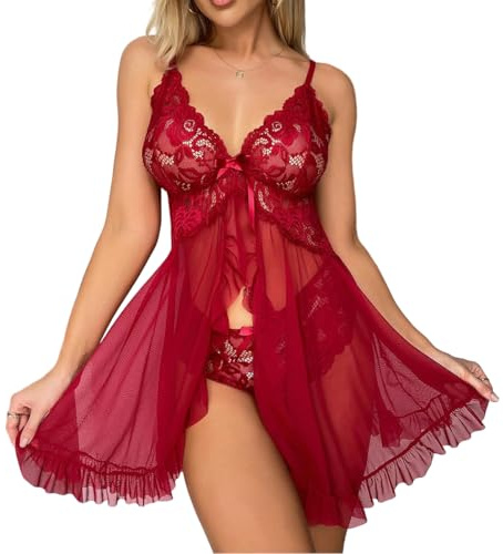 GIVTULIP Dentelle Nuisette Dos Nu Sexy Ensemble Babydoll Lingerie Transparente, Chemise de Nuit Coquine à Lacets Nœud Robe Nuit Saint Valentin sous-Vêtements Robe de Nuit en Maille Lingerie Coquine