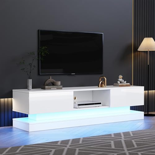 Sweiko - TV stand très brillant avec éclairage LED - Armoire basse de salon avec 2 tiroirs de rangement pour TV de 160 pouces (blanc)