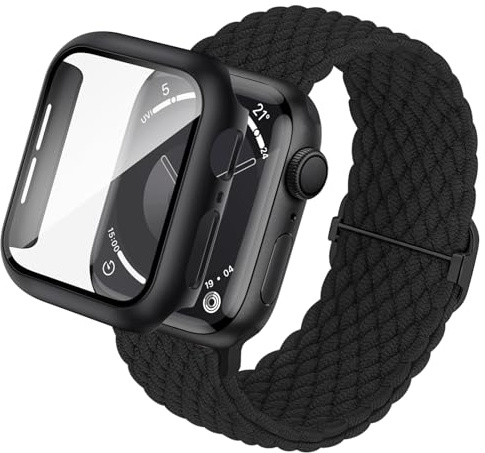 Raradev 3-en-1 Compatible avec Bracelets Apple Watch 40/41/42/44/45/46mm avec Coque et Protection Écran, Ressort Élastique Tissé et Étui de Protection pour iWatch Série SE3 11 10 9 8 7 6 5 4