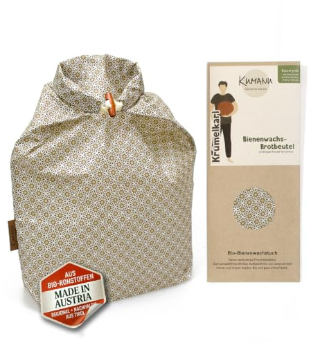Kumanu | Ekologisk bivaxduk – brödpåse KRÜMELKARL | H 35 cm x B 29 cm | med stativ och stängning | hålla naturlig och plastfri fräsch | handgjord i tyrolen (retro)