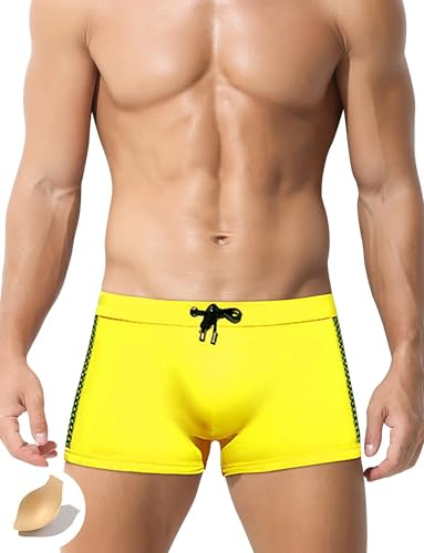 SEAUR Costume da bagno da uomo, aderenti e corti, ad asciugatura rapida, per sport acquatici, con imbottitura rimovibile con coulisse, EU S-XL = Tag.No M-XXL, giallo., L