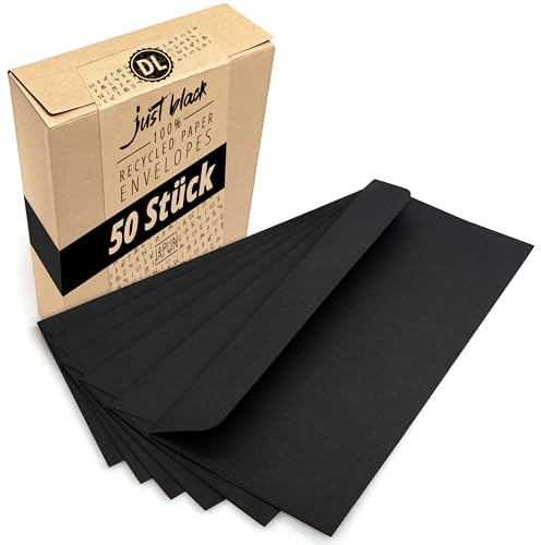 Japun - Briefumschläge (50 Stück) DIN lang, 220 x 110 mm, schwarz | Kuvert aus 110 g/m² Papier, langer Umschlag mit Nassklebung ohne Fenster für Einladungen zum Beschriften und Bedrucken