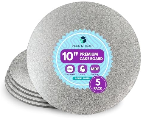 Pack N Trade 10 Inch Round Cake Boards – Pack of 5 Double Thick 3mm Cardboard, Foil-Finished Both Sides, Reusable & Sturdy Cake Base for Baking, Decorating, and Display