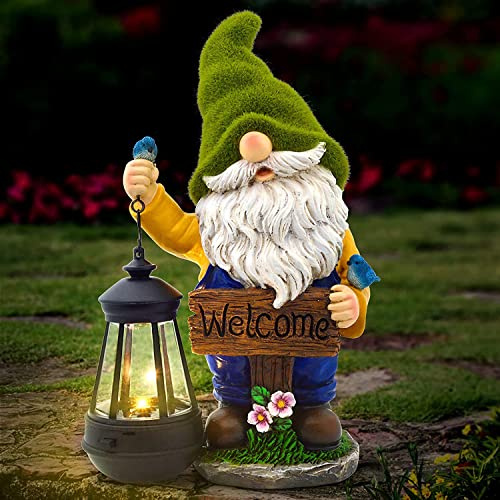 Statue de nain de jardin à énergie solaire avec panneau de bienvenue et lanterne, décoration extérieure pour cour, terrasse, pelouse, idéale pour les amateurs de jardin