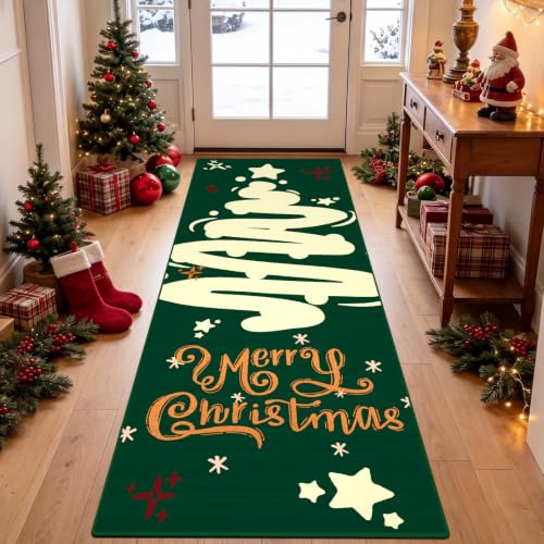 GEANUP Weihnachtsteppich Läufer für Flur 60 x 180 cm, Grün Baum Waschbar Teppich Weihnachten rutschfest, Weicher Kurzflor Küchenteppich für Wohnzimmer Schlafzimmer Badezimmer Winterdekoration