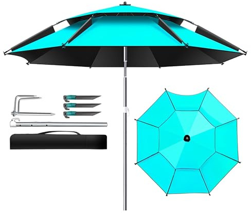 Générique Parasol de Pêche Inclinable, 220 cm UV 50+ Parapluie de Pique-Nique 2 Auvents Ventilés, Pliable Parasol de Camping Imperméable Anti-Vent(Bleu,200cm)