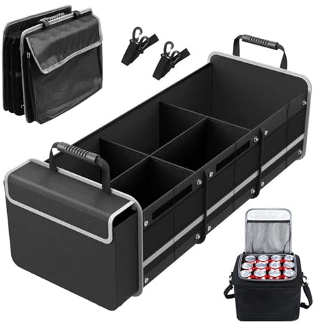 TIHOOK 94L Kofferraum-Organizer, 5-in-1 Faltbox mit 25L Kühltasche | 5 Extragroße Fächer, klappbarer Deckel und verstellbares Design, Robuste Aufbewahrungsbox für SUV, Kombi, Camping und Alltag