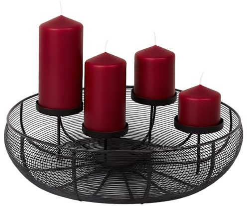 Adventskranz Schwarz Ø36cm Metallschale mit Bordeaux Kerzen Weihnachtsdeko | BURI Tischkranz aus Drahtgeflecht für vier Stumpenkerzen als festliche Weihnachtsdekoration und stilvolle Tischdeko