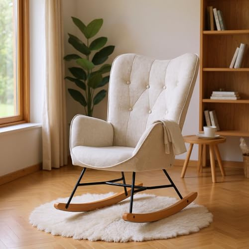 MEUBLE COSY Poltrona Relax, Sedia a Dondolo Confortevole in Tessuto con Gambe in Legno e Metallo per Soggiorno, Decorazione con Bottoni