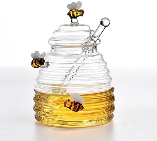 JDZYFFS Art Statue - Desktop Decoration Figurine Sculpture, Japanese Glass Honey Jar With Lid, Glass Stirring Honey Bottle, Creative Household Transparent Simple Jam Cup With Lid(8.5 * 14.5cm)