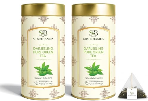 SIPS BOTANICA Pure Darjeeling Green Tea Bags | 60 Teabags Packed in 2 Tins | Premium Quality Full Leaf Green Tea | Plant-Based, Biodegradable Pyramid Tea Bags